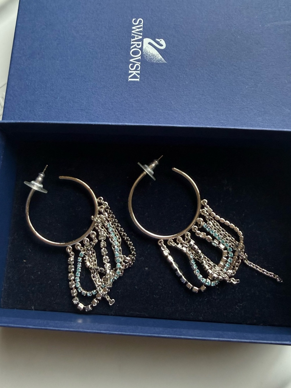 Swarovski Rose Gold Hoop Earrings with Turquoise and Clear Crystal Tassels